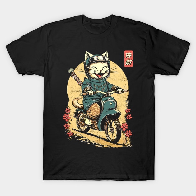 Japanese Samurai Cat on Motorcycle Kawaii Ninja Cat T-Shirt by Apocatnipse Meow